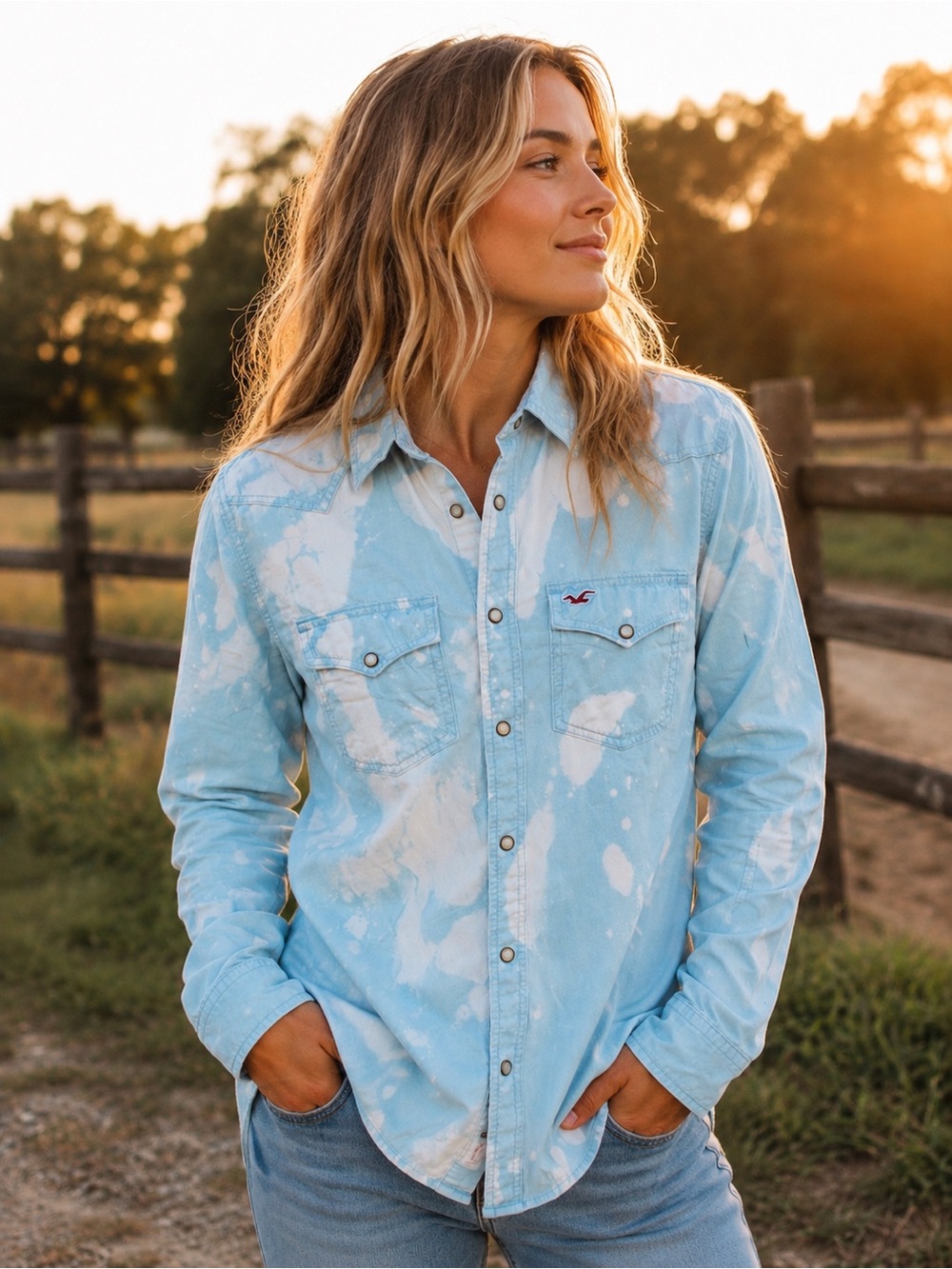 Hollister Light Blue Bleach Tie-Dye Western Button-Down Shirt